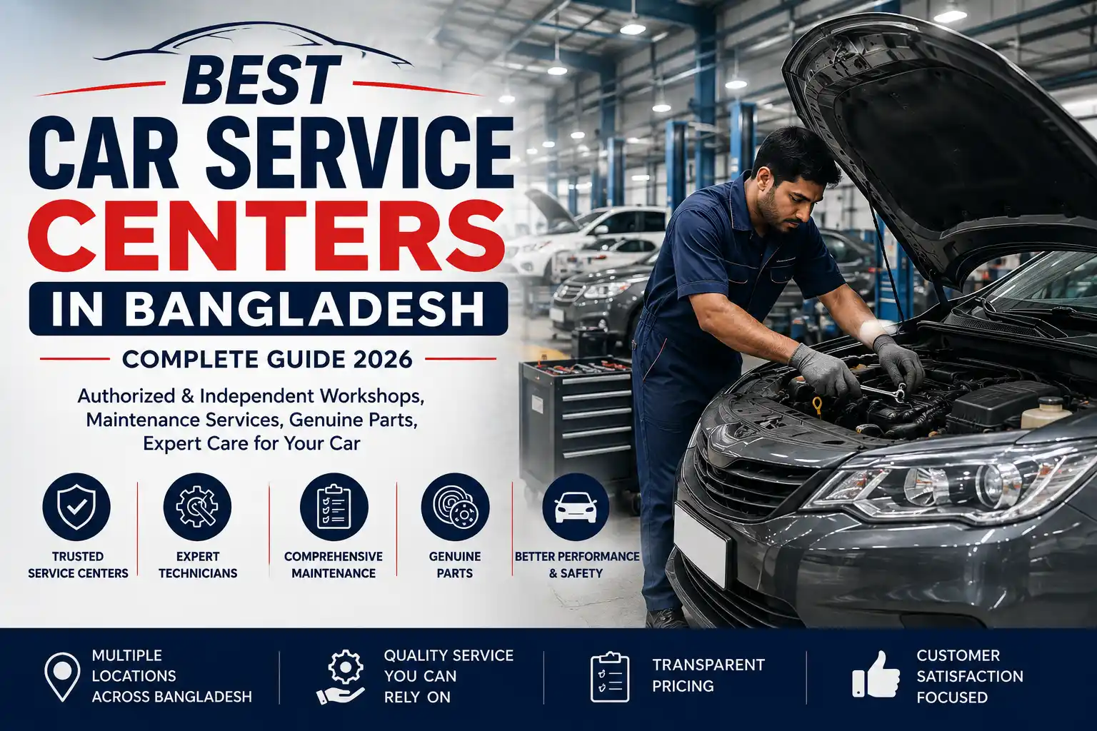Illustration of the best car service centers in Bangladesh featuring a modern automotive workshop, professional mechanic servicing a car, vehicle maintenance, engine diagnostics, and repair services.