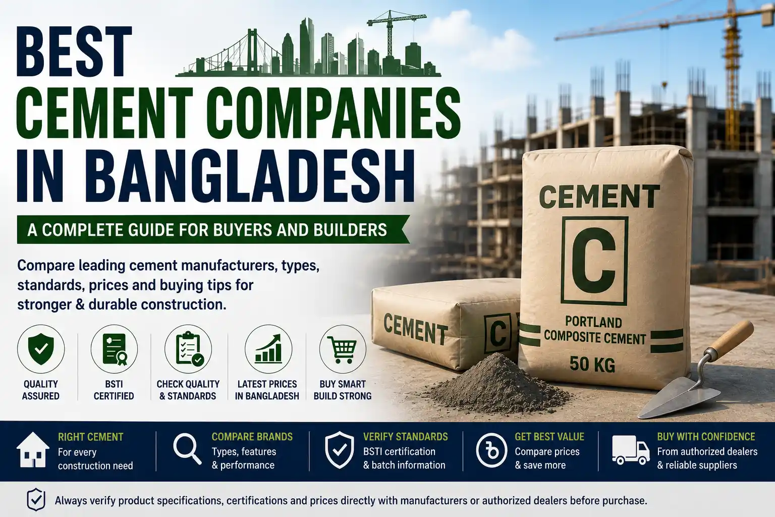 Illustration of the best cement companies in Bangladesh featuring cement bags, construction materials, building structures, and a buyer's guide for choosing quality cement.