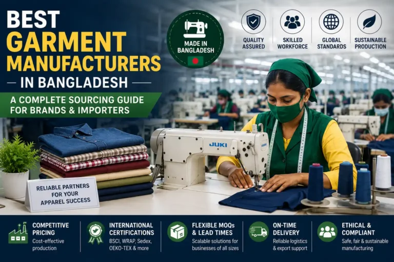 Illustration of the best garment manufacturers in Bangladesh featuring apparel production, garment factory workers, and clothing manufacturing for global brands.