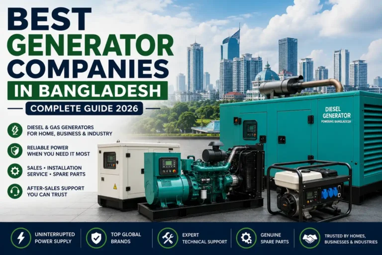 Illustration of the best generator companies in Bangladesh featuring modern diesel and gas generators, industrial backup power systems, commercial generators, and reliable power solutions.