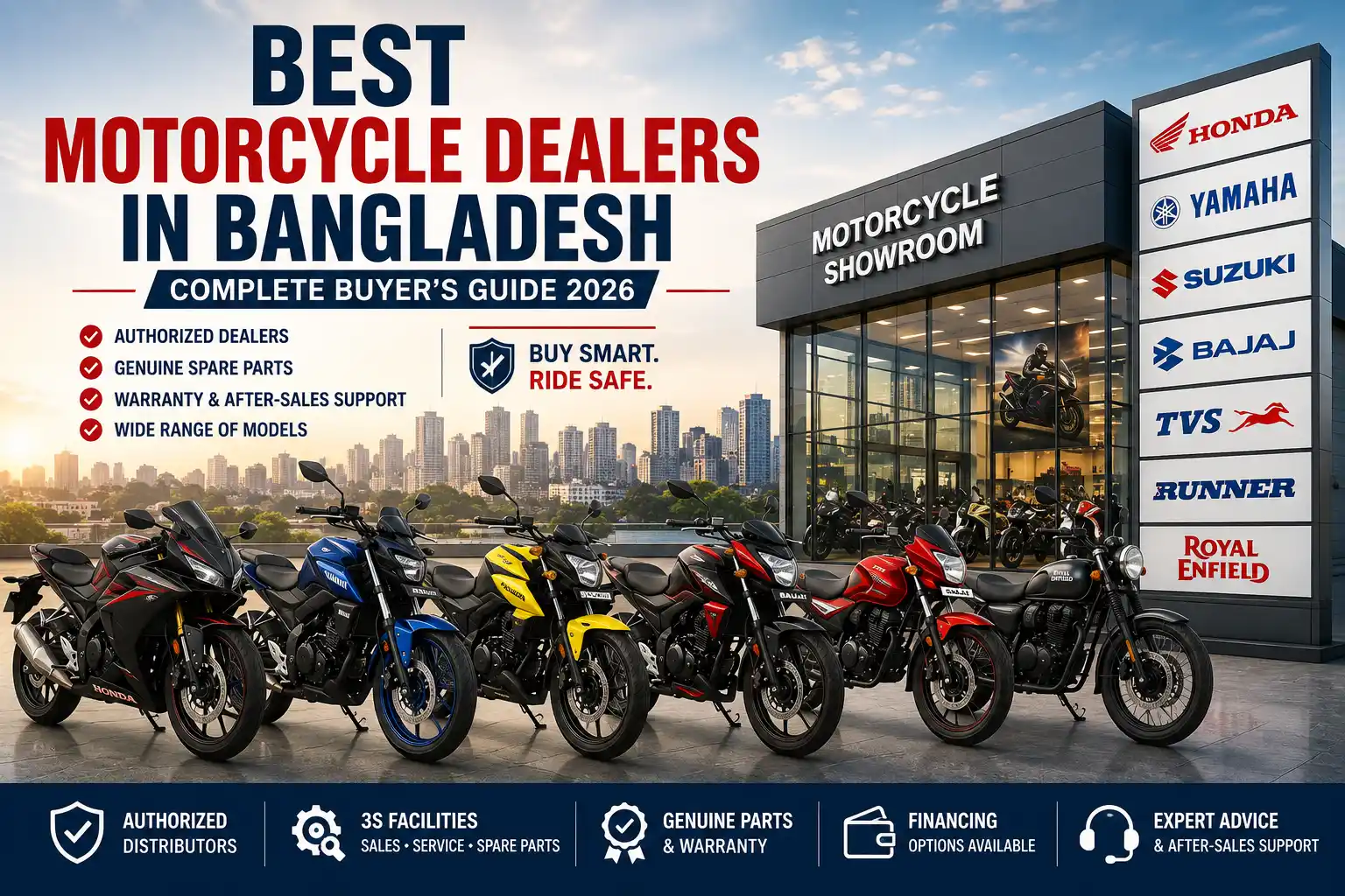 Illustration of the best motorcycle dealers in Bangladesh featuring a modern motorcycle showroom, popular motorcycle brands, sport bikes, commuter motorcycles, and an authorized dealer buying guide.