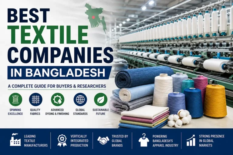 Illustration of the best textile companies in Bangladesh featuring a modern textile manufacturing factory, yarn cones, fabric rolls, cotton, and textile production equipment.