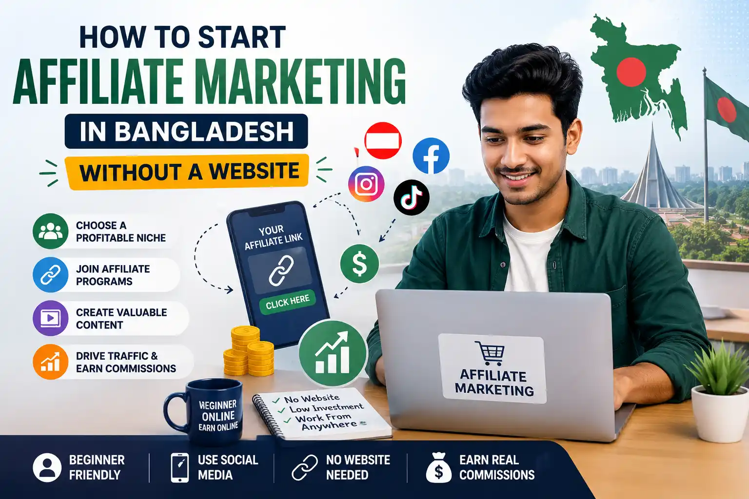 Illustration showing how to start affiliate marketing in Bangladesh without a website using social media platforms and affiliate programs.