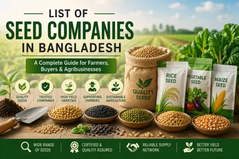 Seed companies in Bangladesh featuring rice, maize, vegetable seeds, and agricultural seed varieties.