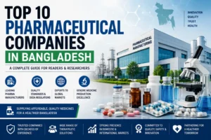Illustration of the top 10 pharmaceutical companies in Bangladesh featuring a pharmaceutical manufacturing facility, medicine bottles, capsules, laboratory equipment, and Bangladesh's pharmaceutical industry.