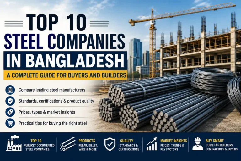 Illustration of the top 10 steel companies in Bangladesh featuring steel rebar, steel coils, a construction site, and a buyer's guide for construction materials.