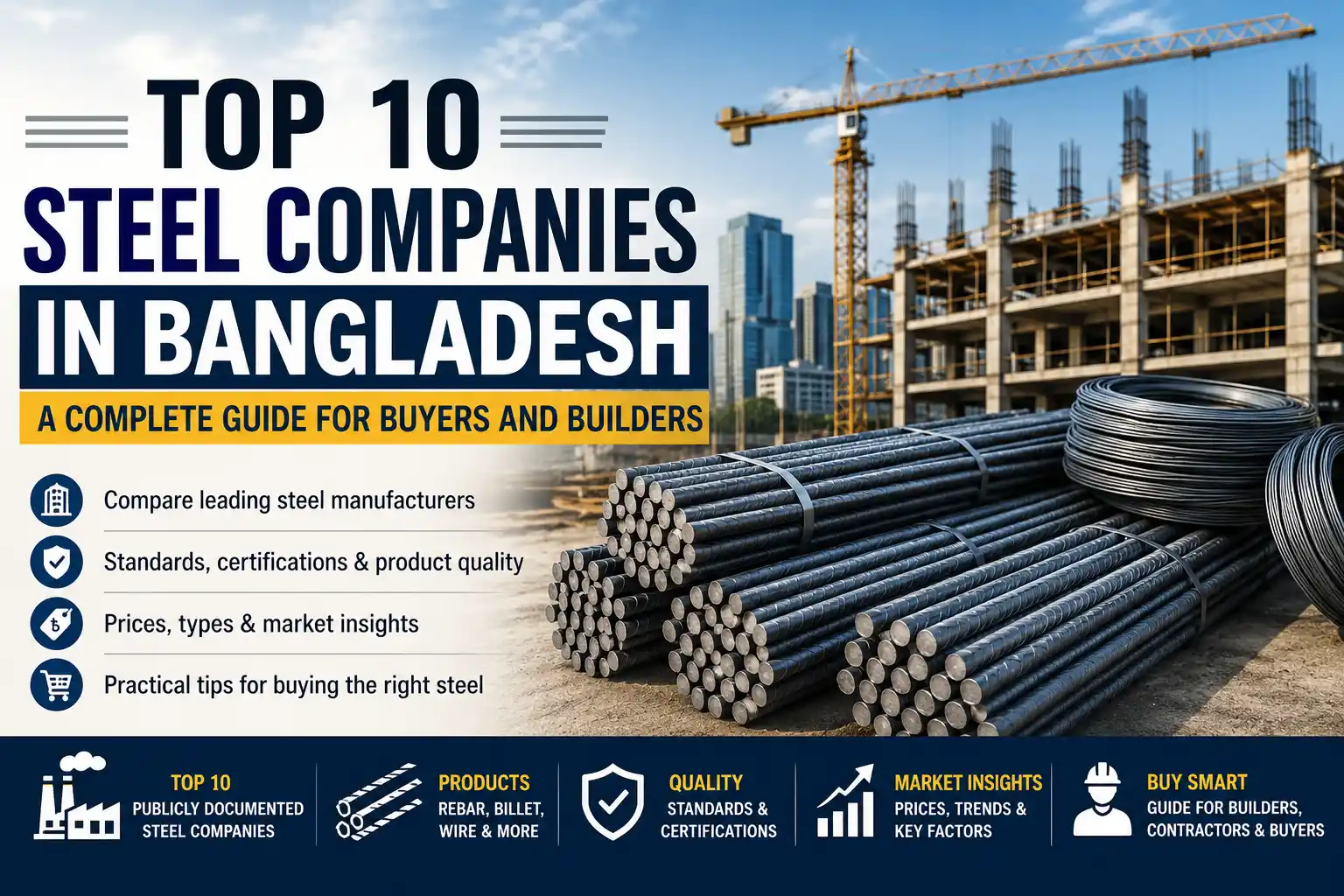 Illustration of the top 10 steel companies in Bangladesh featuring steel rebar, steel coils, a construction site, and a buyer's guide for construction materials.