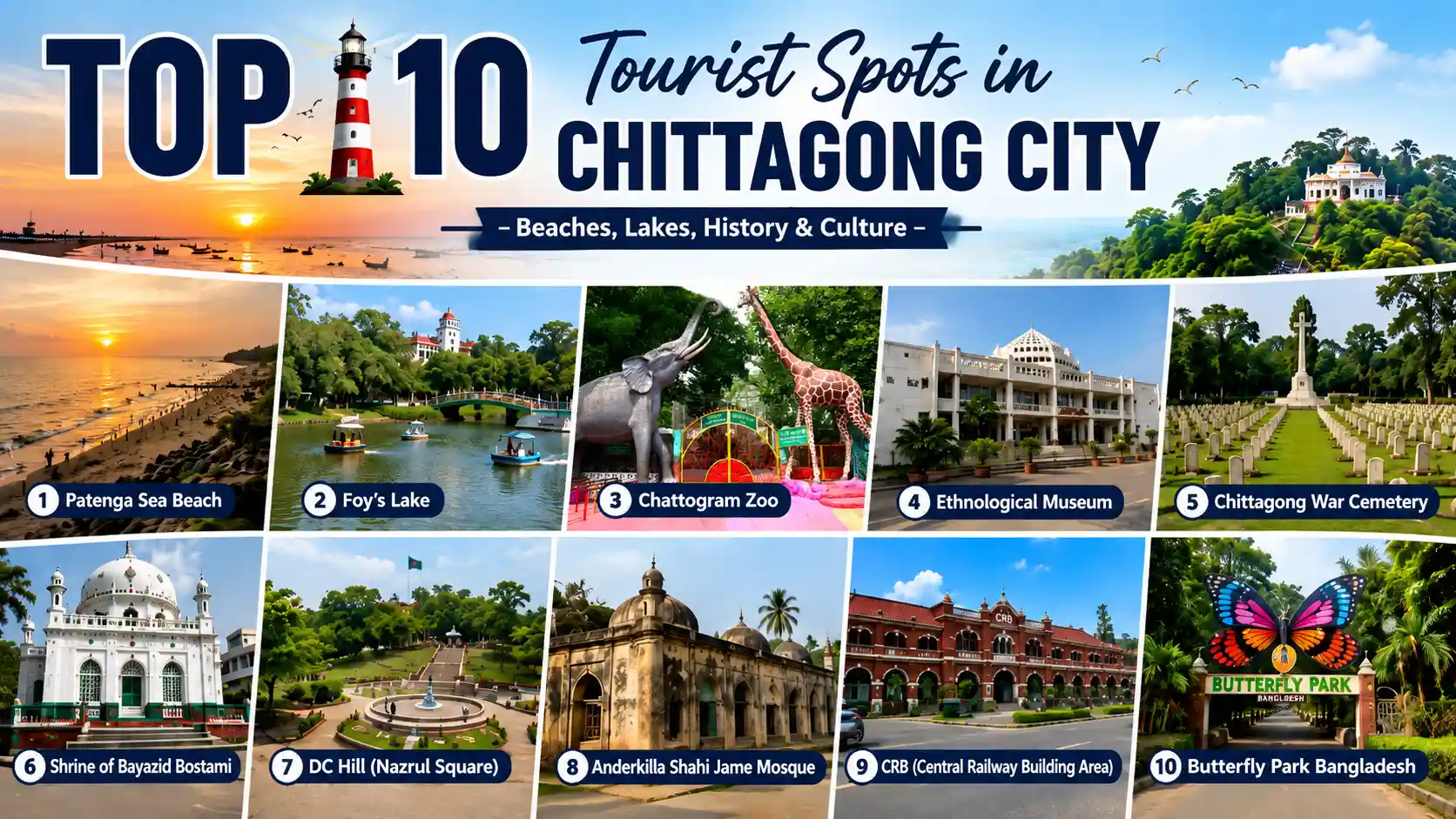 Top 10 tourist spots in Chittagong City including Patenga Sea Beach, Foy’s Lake, Chattogram Zoo, CRB and Butterfly Park