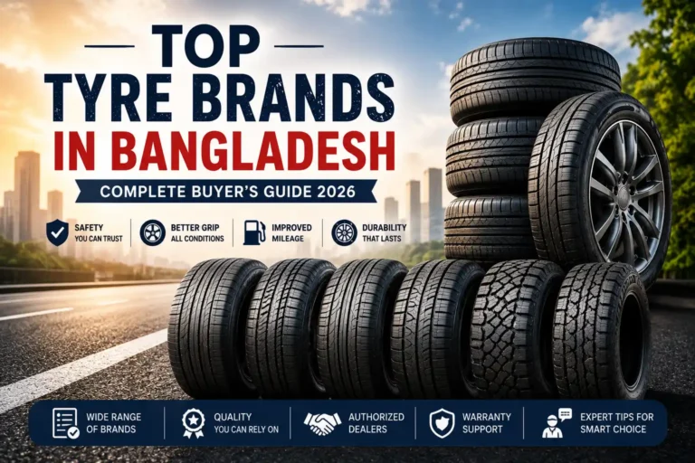 Illustration of the top tyre brands in Bangladesh featuring premium car tyres, modern tyre stacks, automotive wheels, and a complete tyre buying guide for Bangladeshi drivers.